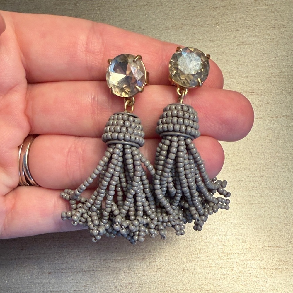 NWOT J.Crew Gold Gray Beaded Tassel Earrings
